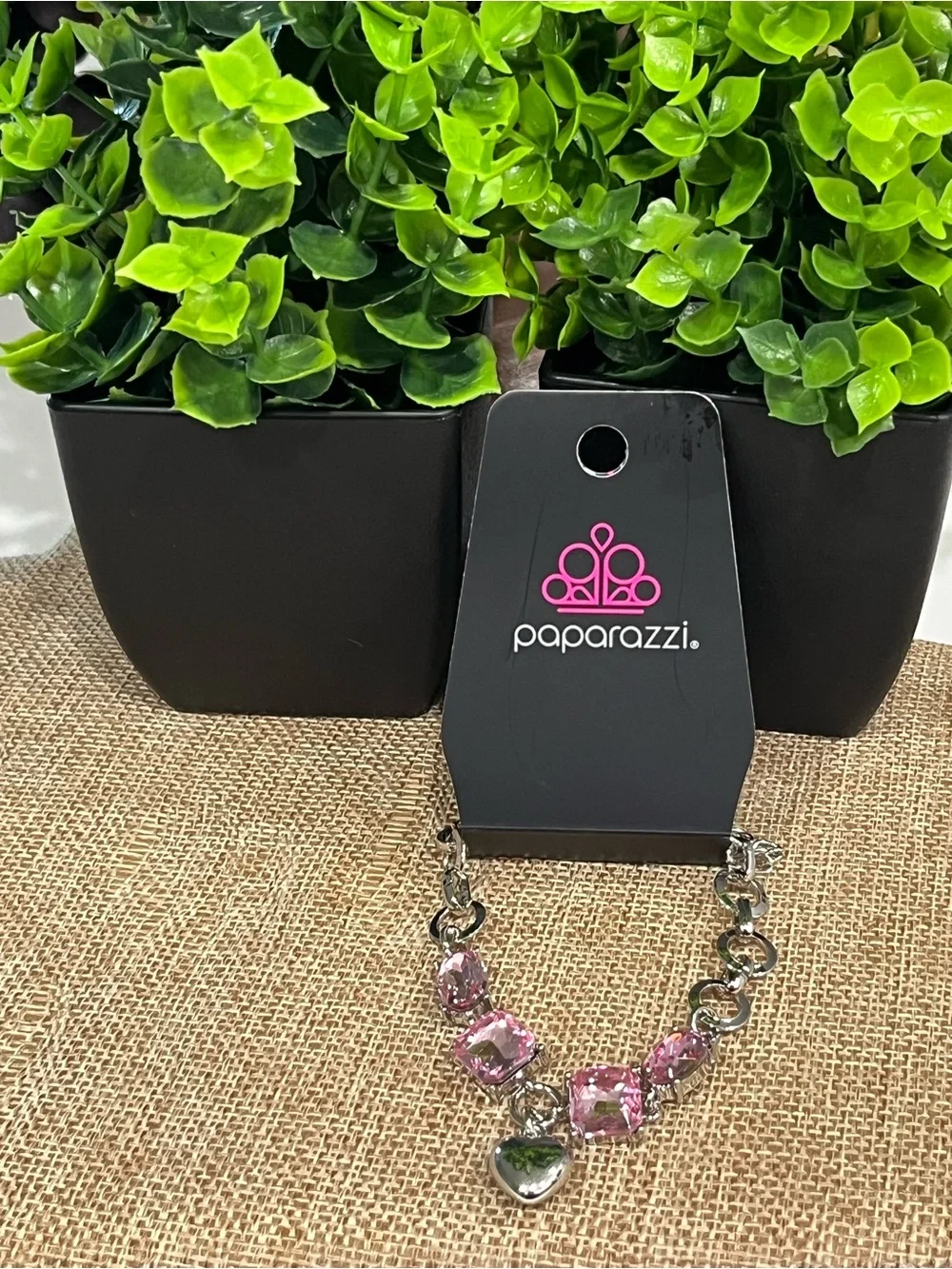 paparazzi Pink Crystal Heart Charm Bracelet with Silver-Tone Links